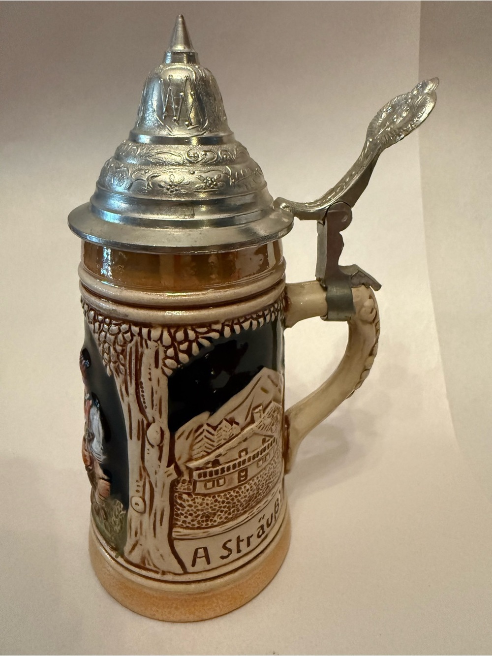 German-Style Ceramic Beer Stein with Pewter Lid -